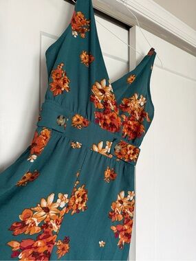Xhilaration Teal Floral Jumpsuit with Orange Accents